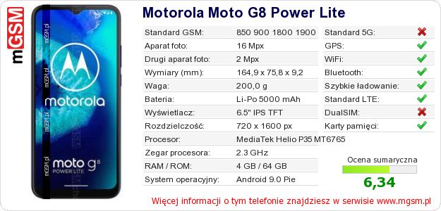 Dane telefonu Motorola Moto G8 Power Lite