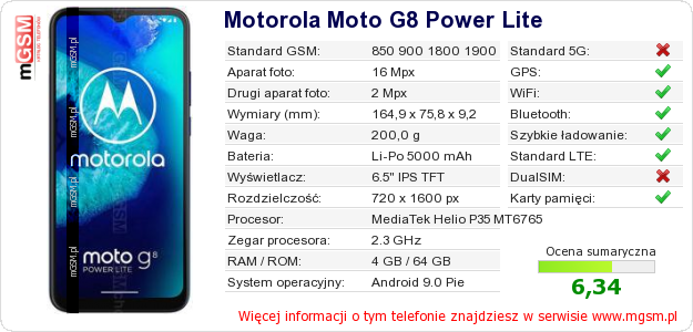 Dane telefonu Motorola Moto G8 Power Lite