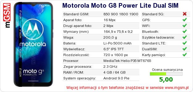 Dane telefonu Motorola Moto G8 Power Lite Dual SIM Dane telefonu Motorola Moto G8 Power Lite Dual SIM
