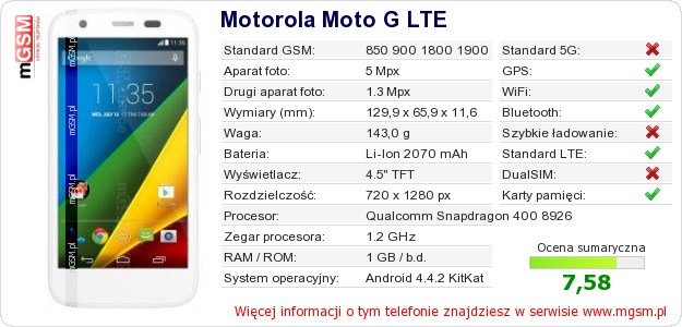 Dane telefonu Motorola Moto G LTE