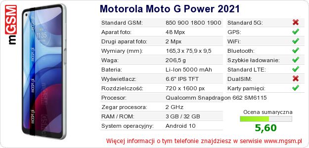 Dane telefonu Motorola Moto G Power 2021