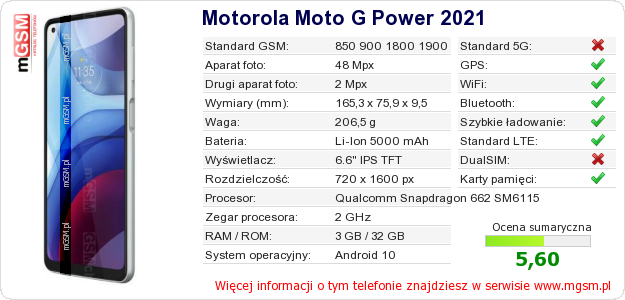 Dane telefonu Motorola Moto G Power 2021