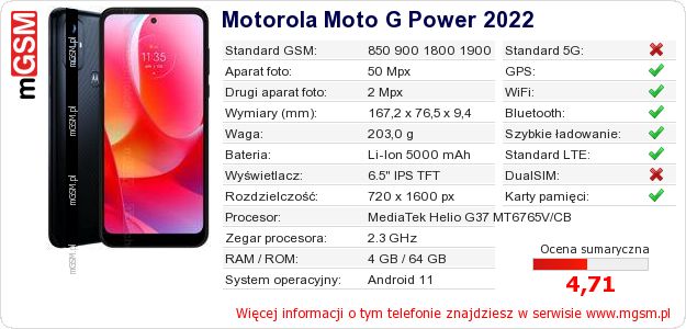 Dane telefonu Motorola Moto G Power 2022