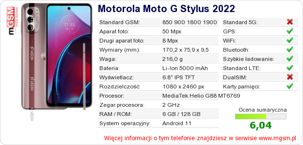 Dane telefonu Motorola Moto G Stylus 2022 Dane telefonu Motorola Moto G Stylus 2022