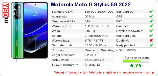 Dane telefonu Motorola Moto G Stylus 5G 2022 Dane telefonu Motorola Moto G Stylus 5G 2022
