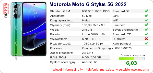 Dane telefonu Motorola Moto G Stylus 5G 2022 Dane telefonu Motorola Moto G Stylus 5G 2022
