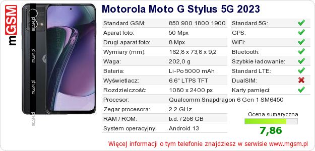 Dane telefonu Motorola Moto G Stylus 5G 2023 Dane telefonu Motorola Moto G Stylus 5G 2023