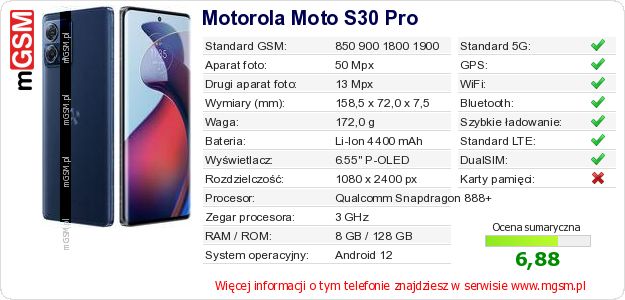 Dane telefonu Motorola Moto S30 Pro