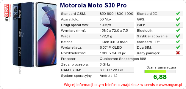 Dane telefonu Motorola Moto S30 Pro