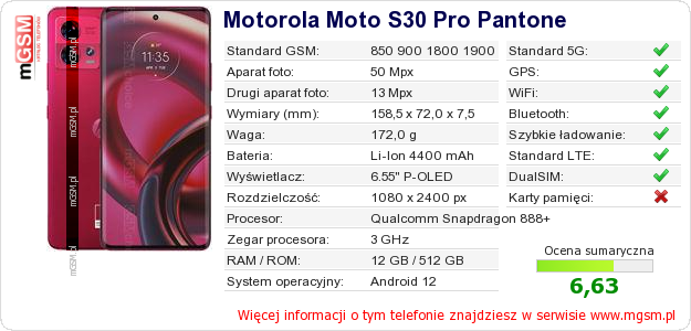Dane telefonu Motorola Moto S30 Pro Pantone
