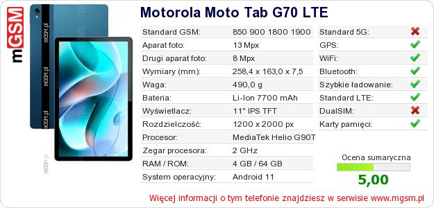 Dane telefonu Motorola Moto Tab G70 LTE