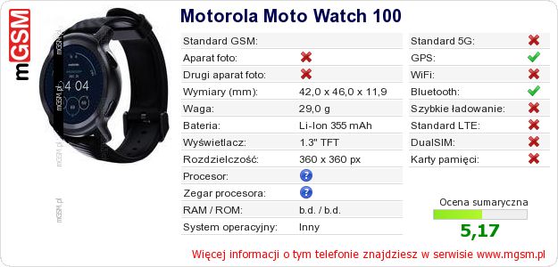 Dane telefonu Motorola Moto Watch 100