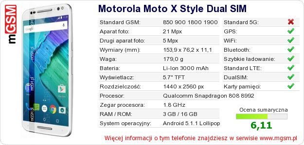 Dane telefonu Motorola Moto X Style Dual SIM Dane telefonu Motorola Moto X Style Dual SIM