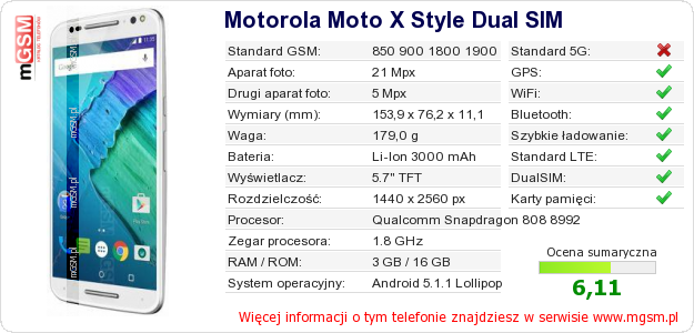 Dane telefonu Motorola Moto X Style Dual SIM