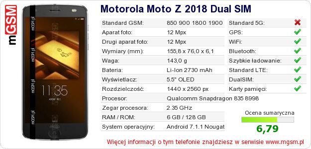 Dane telefonu Motorola Moto Z 2018 Dual SIM