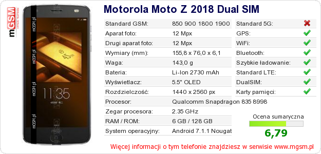 Dane telefonu Motorola Moto Z 2018 Dual SIM Dane telefonu Motorola Moto Z 2018 Dual SIM