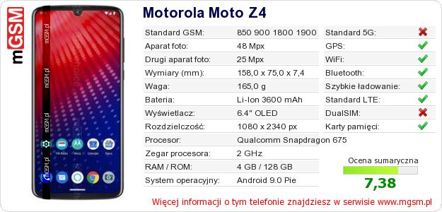 Dane telefonu Motorola Moto Z4