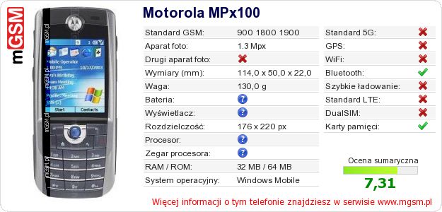 Dane telefonu Motorola MPx100 Dane telefonu Motorola MPx100