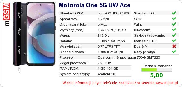 Dane telefonu Motorola One 5G UW Ace
