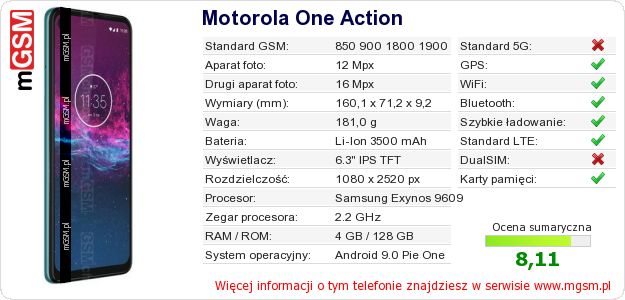 Dane telefonu Motorola One Action
