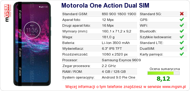 Dane telefonu Motorola One Action Dual SIM