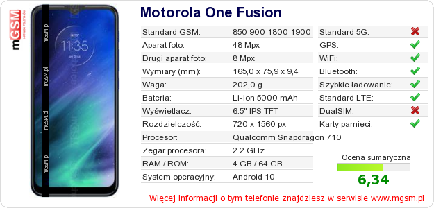 Dane telefonu Motorola One Fusion