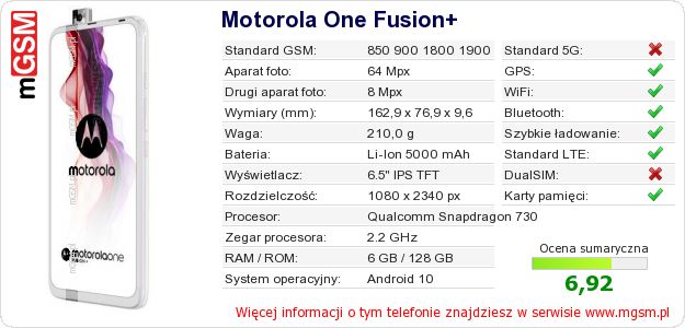 Dane telefonu Motorola One Fusion+