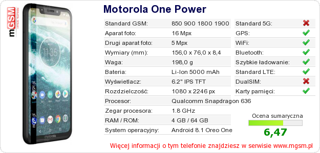Dane telefonu Motorola One Power