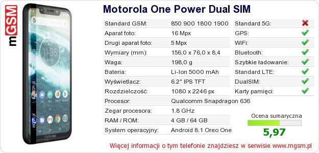 Dane telefonu Motorola One Power Dual SIM Dane telefonu Motorola One Power Dual SIM