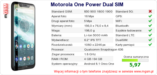 Dane telefonu Motorola One Power Dual SIM