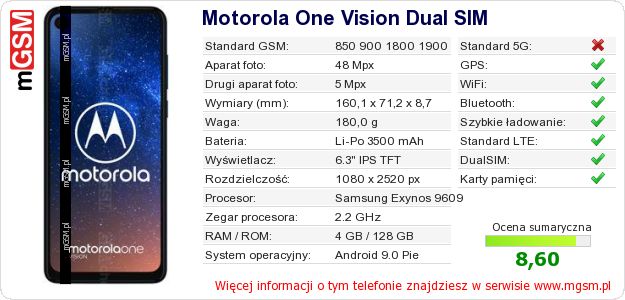 Dane telefonu Motorola One Vision Dual SIM