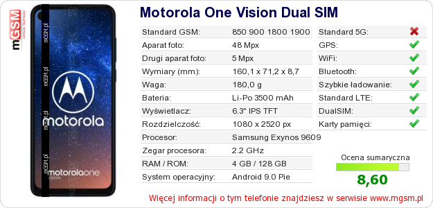 Dane telefonu Motorola One Vision Dual SIM Dane telefonu Motorola One Vision Dual SIM