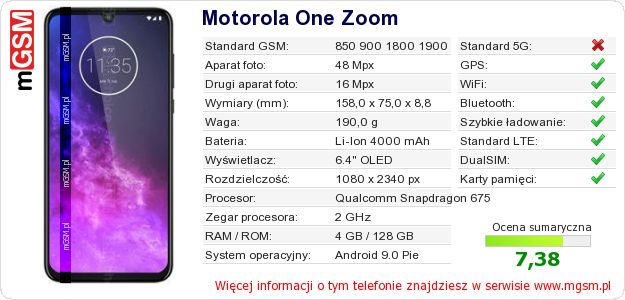 Dane telefonu Motorola One Zoom Dane telefonu Motorola One Zoom