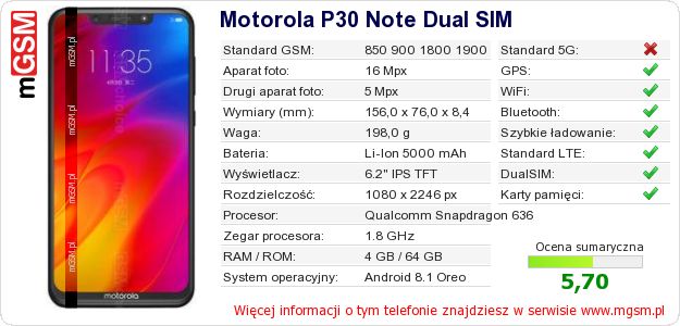 Dane telefonu Motorola P30 Note Dual SIM