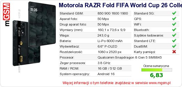 Dane telefonu Motorola RAZR Fold FIFA World Cup 26 Collection Dane telefonu Motorola RAZR Fold FIFA World Cup 26 Collection