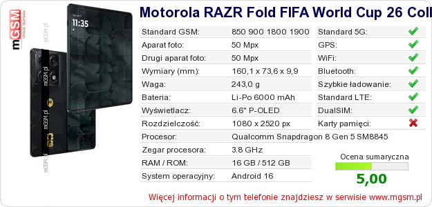 Dane telefonu Motorola RAZR Fold FIFA World Cup 26 Collection Dane telefonu Motorola RAZR Fold FIFA World Cup 26 Collection