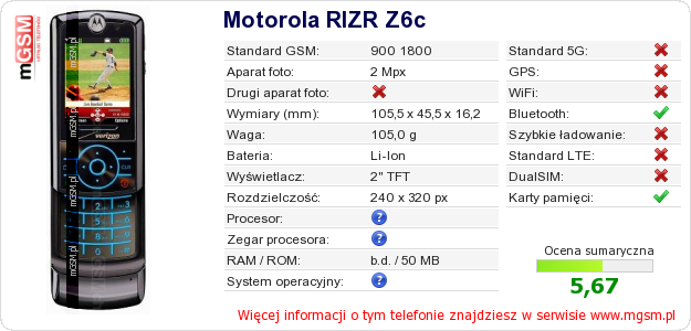 Dane telefonu Motorola RIZR Z6c Dane telefonu Motorola RIZR Z6c