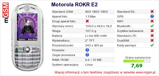 Dane telefonu Motorola ROKR E2 Dane telefonu Motorola ROKR E2
