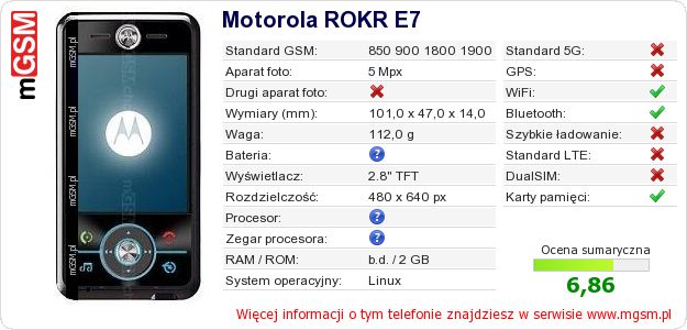 Dane telefonu Motorola ROKR E7 Dane telefonu Motorola ROKR E7