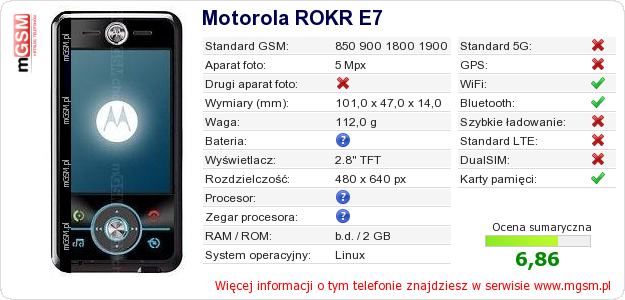 Dane telefonu Motorola ROKR E7