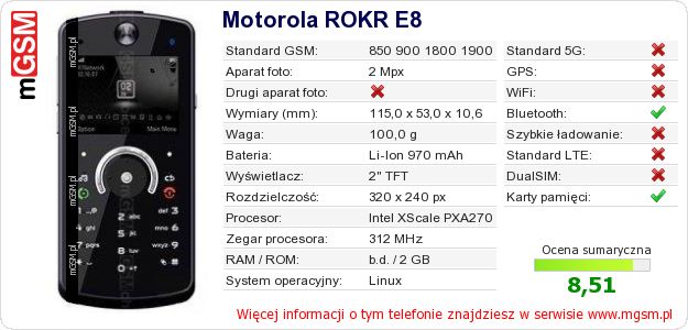 Dane telefonu Motorola ROKR E8