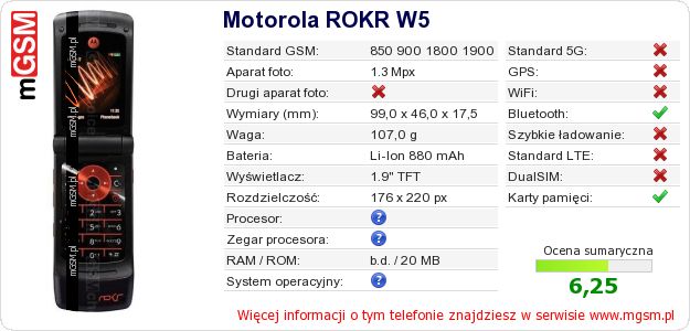 Dane telefonu Motorola ROKR W5