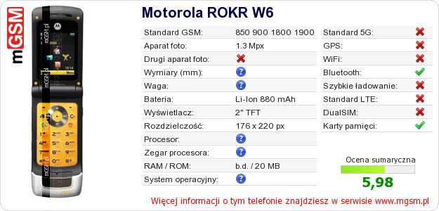 Dane telefonu Motorola ROKR W6 Dane telefonu Motorola ROKR W6
