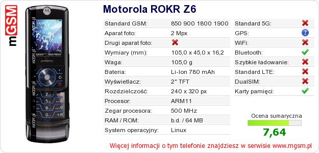Dane telefonu Motorola ROKR Z6