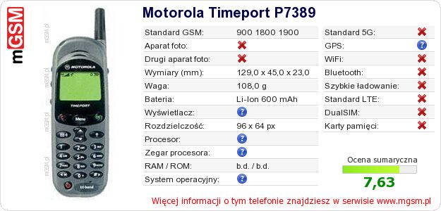 Dane telefonu Motorola Timeport P7389