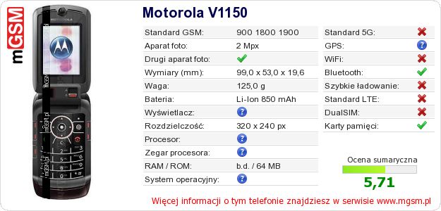 Dane telefonu Motorola V1150 Dane telefonu Motorola V1150