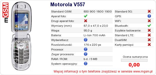 Dane telefonu Motorola V557 Dane telefonu Motorola V557