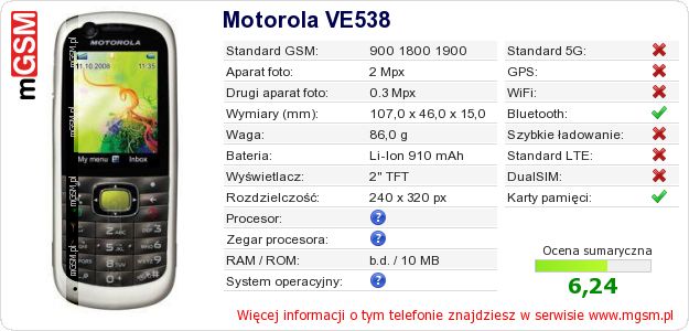 Dane telefonu Motorola VE538