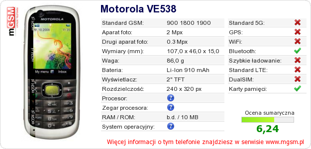 Dane telefonu Motorola VE538