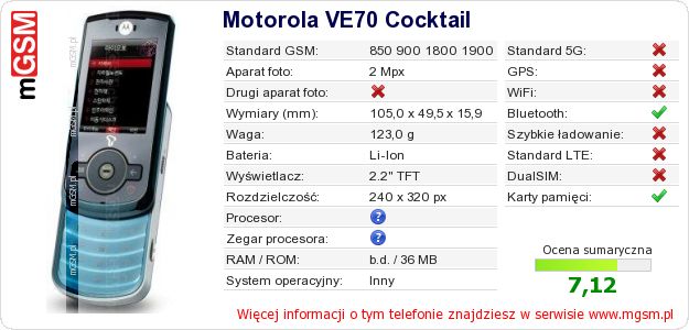 Dane telefonu Motorola VE70 Cocktail Dane telefonu Motorola VE70 Cocktail